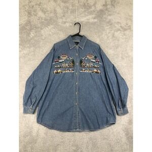 VTG Quizz Again Shirt Womens Size XL Noah's Ark Denim Embroidered *Flaw